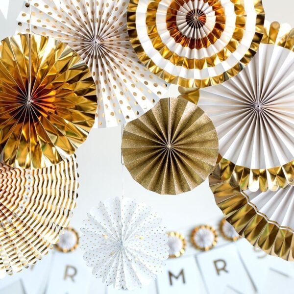 New Design (Set of 8) Golden Silver Birthday Decoration Fan/Fiesta Hanging Paper Fans Decorations/Wedding Decoration Photo Prop