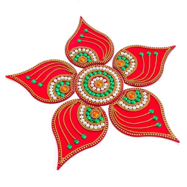 Acrylic Handicraft Designer Rangoli with Center Piece (Red, 10 inch dia) - Set of 6 Piece