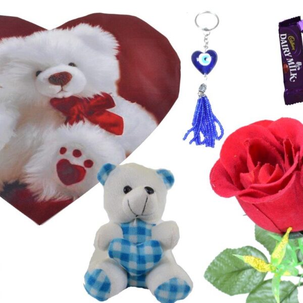 White Teddy With Heart Valentine Combo (Pack Of 7)