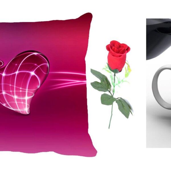 Valentine Cushion Cover, Mug & Red Rose