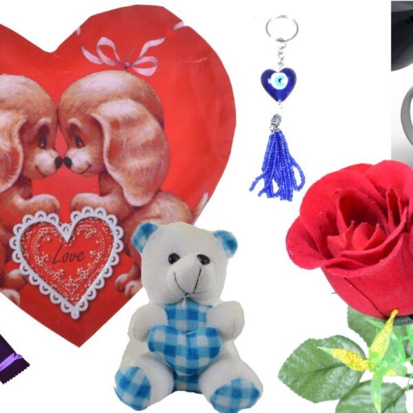 Red Heart With Cute Teddy Valentine Combo (Pack Of 7)