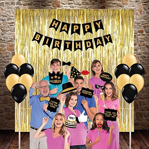 Happy Birthday Party 41 Pcs Combo (3Golden Foil Curtain+24Pcs Balloon+1 Banner+13 Photo Booth)