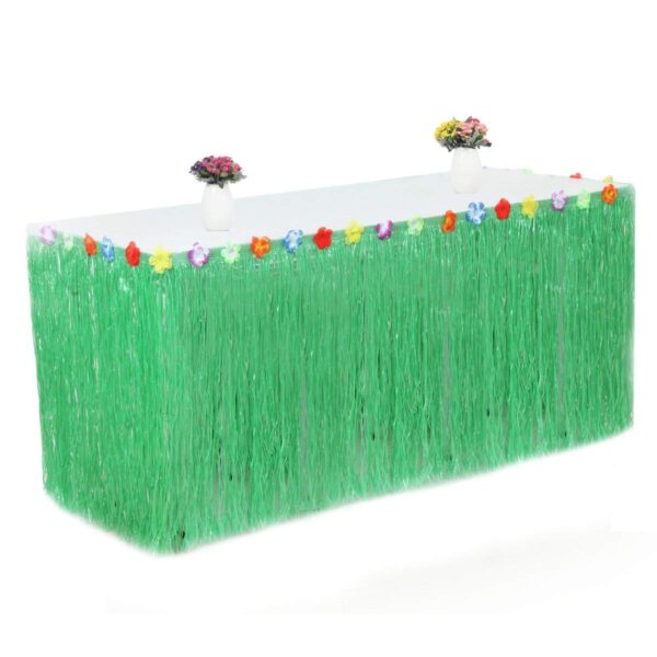 9ft Green Grass Table Skirt Hawaiian Luau Table Skirt with Hibiscus Leis Silk Flower for Luau Party Supplies,Raffia Table Skirt