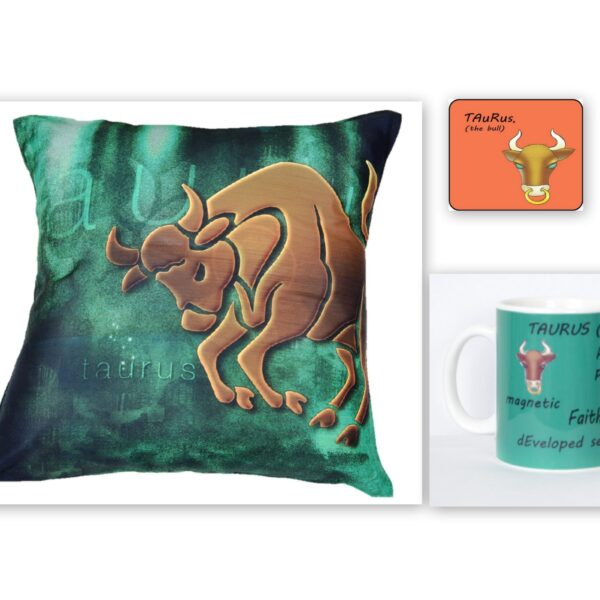 Productive Taurus Mug,Trustworthy Taurus Coaster & Sensous Taurus Cushion cover