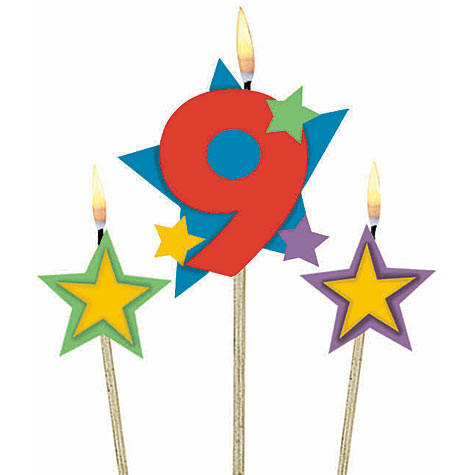 Number 9 Candle and Stars on Stick